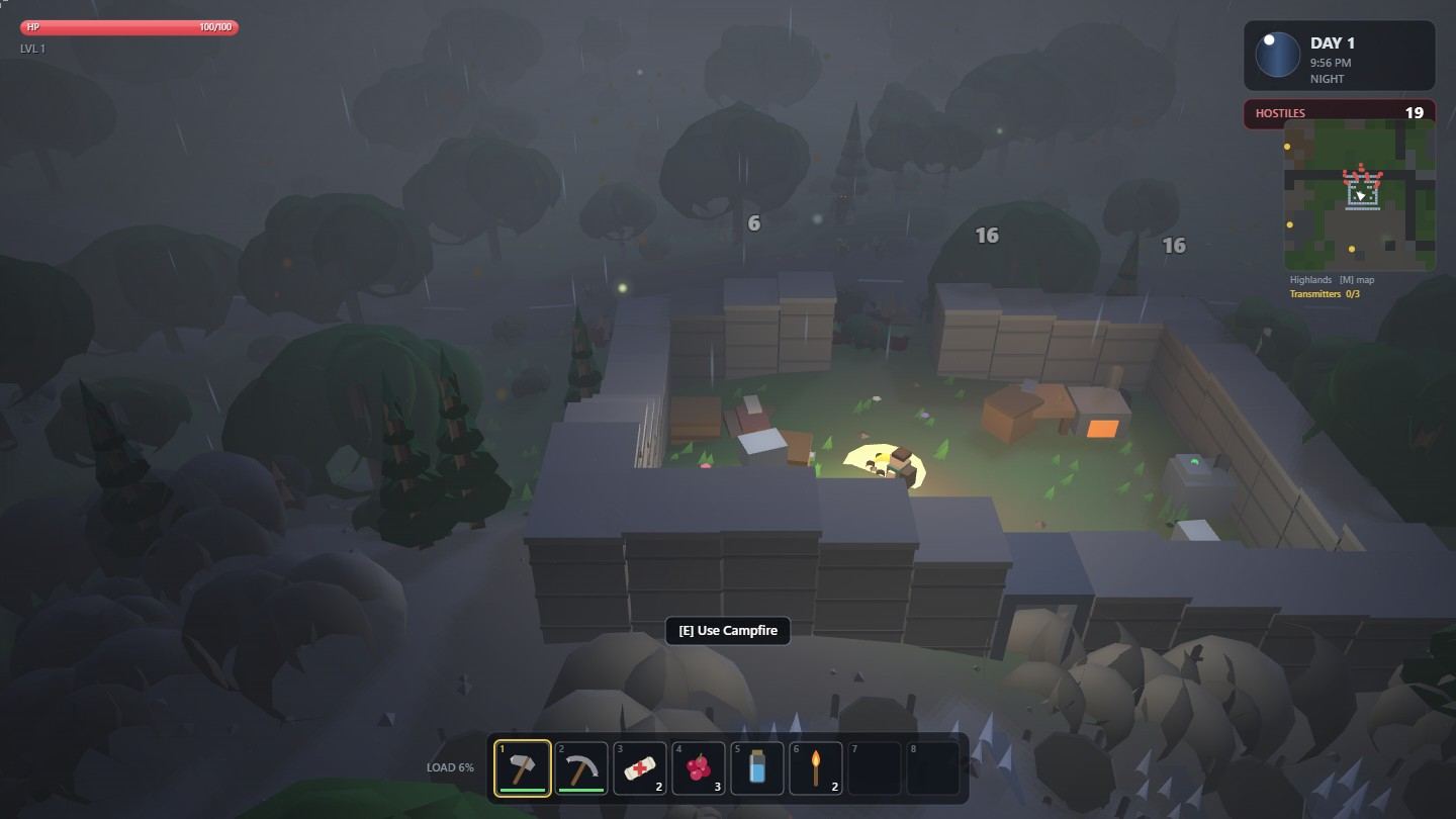 Night, heavy rain and fog. A walled compound of stone blocks encloses a lit
                campfire, a bed, workbench, forge and storage crates. Rain streaks fall across a
                fogged treeline. Floating damage numbers show turrets firing at attackers beyond
                the north wall.